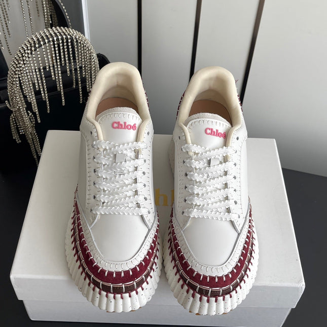 CHLOE 26S LACE-UP SNEAKERS IN WHITE CALFSKIN MIX DARK RED SUEDE
