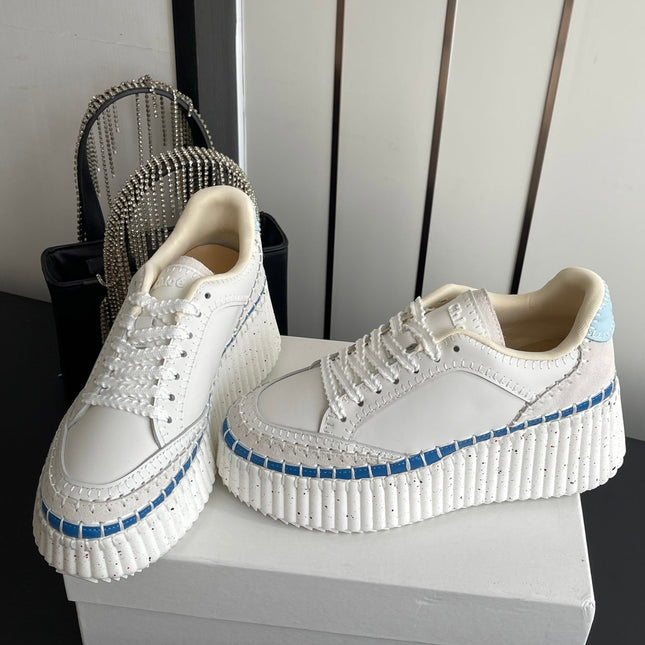 CHLOE 26S LACE-UP SNEAKERS IN WHITE MIX BLUE CALFSKIN