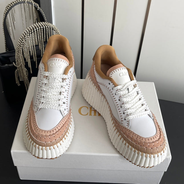 CHLOE 26S LACE-UP SNEAKERS IN WHITE MIX BEIGE CALFSKIN