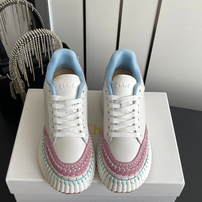 CHLOE 26S LACE-UP SNEAKERS IN WHITE CALFSKIN MIX PINK SUEDE