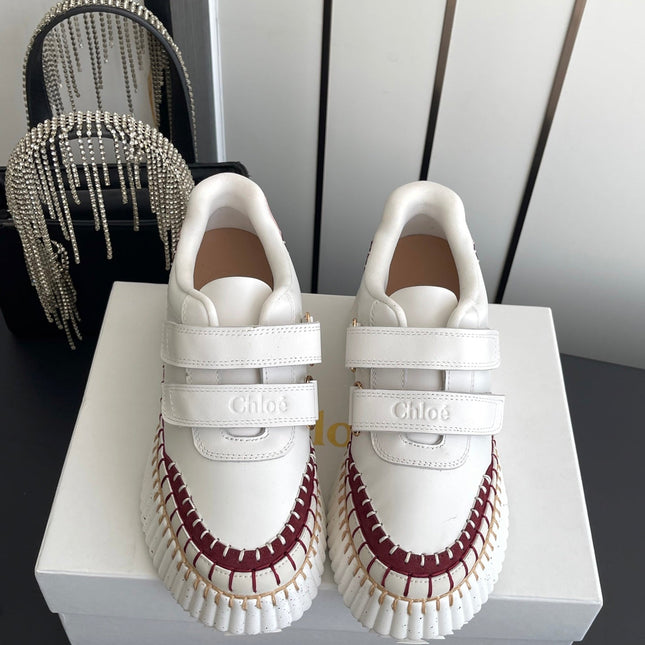 CHLOE 26S PLATFORM SNEAKERS IN WHITE AND DARK RED CALFSKIN