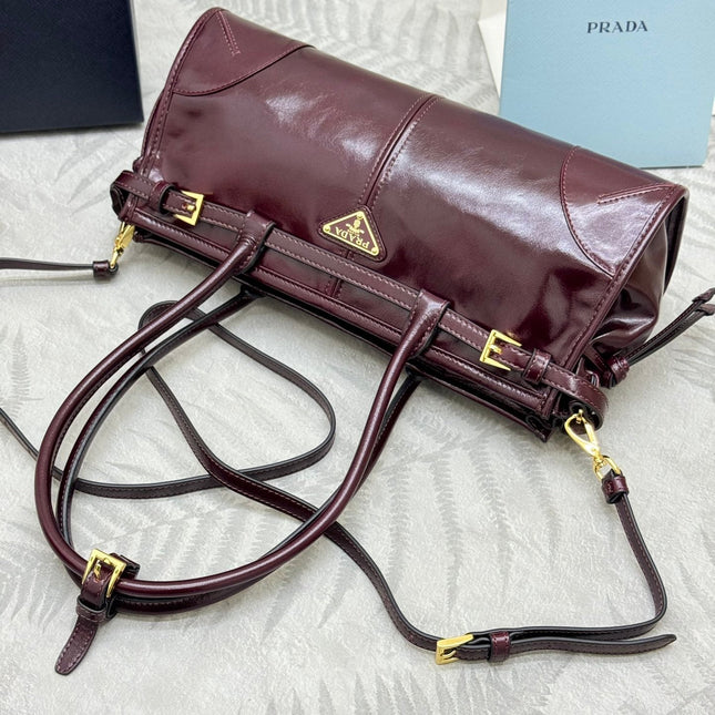 PRADA 25S BONNIE MEDIUM HANDBAG 32 IN BURGUNDY GLOSSY CALFSKIN