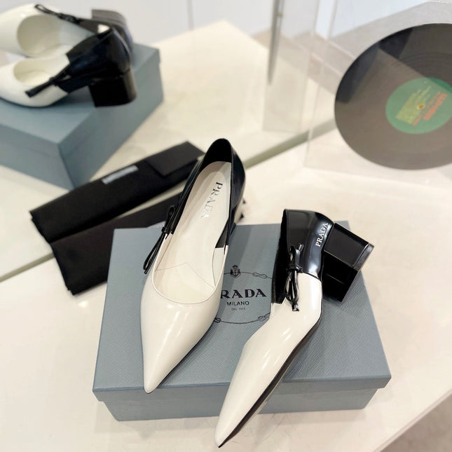 PRA MID - HEELS WHITE AND BLACK LAMBSKIN WITH BOW