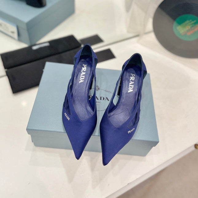 PRA STRAP CUT-OUT PUMPS NAVY SATIN