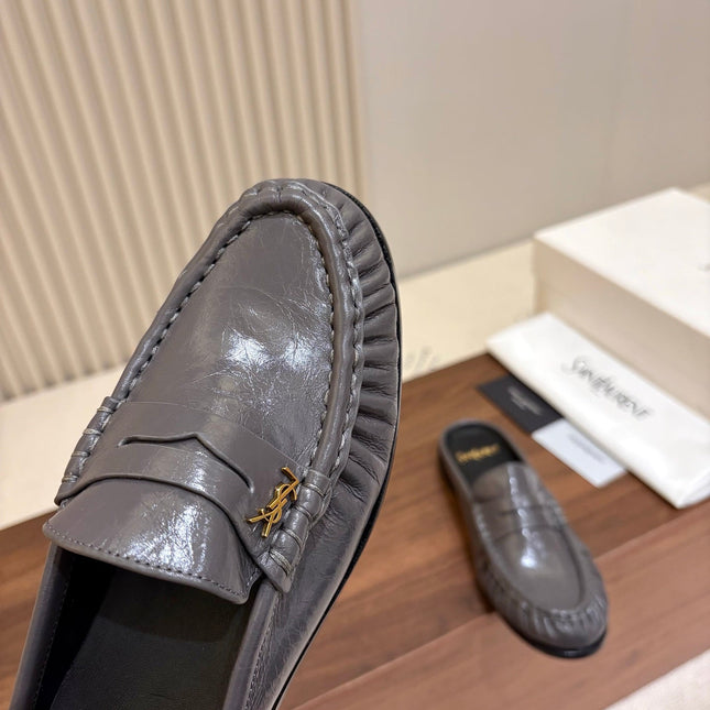 YSL 26S LOAFER MULES IN DARK GREY GLOSSY CALFSKIN