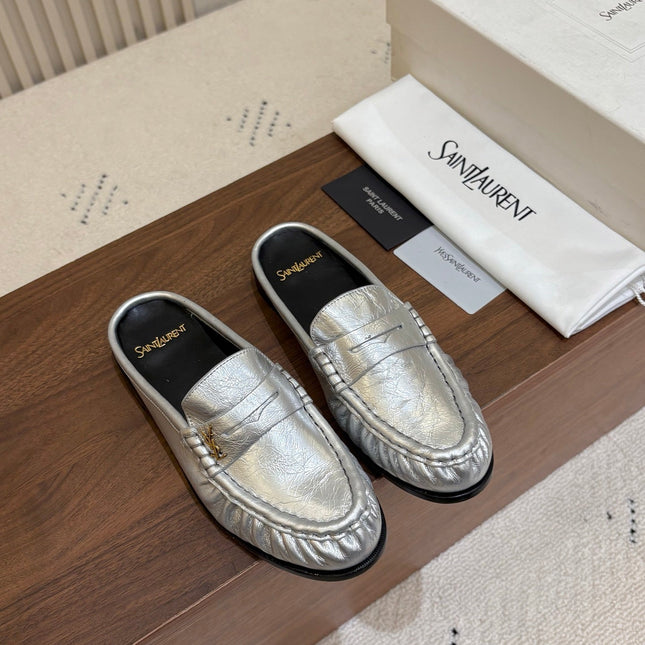 YSL 26S LOAFER MULES IN SILVER CALFSKIN