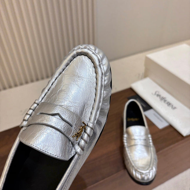 YSL 26S LOAFERS IN SILVER LAMBSKIN