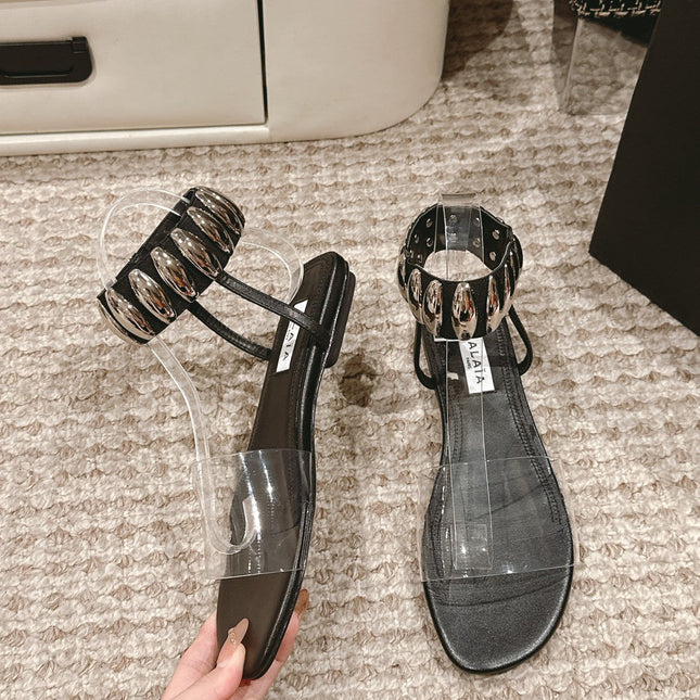 ALAIA SANDAL IN BLACK CALFSKN AND FILM WITH CRYSTAL