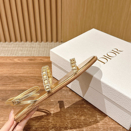 DIOR TWO-STRAP RHINESTONE SANDALS IN GOLD LAMBSKIN