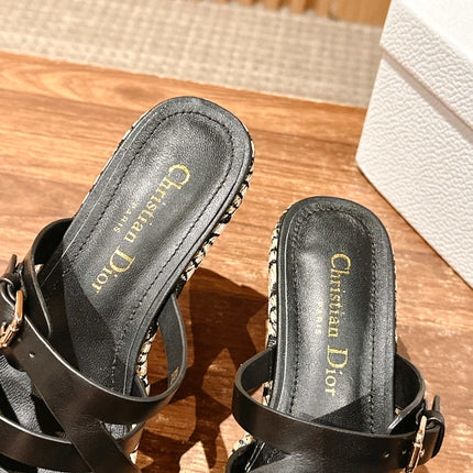 ATTITUDE WEDGE SLIDE 90MM IN BLACK ADJUSTABLE STRAPS CALFSKIN CANVAS SOLE