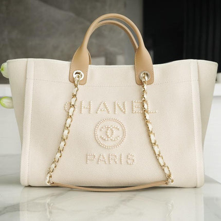 TOTE BAG 39 ATTACHED PEARL LOGO IN BEIGE CANVAS GOLD HARDWARE