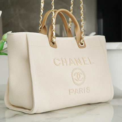TOTE BAG 39 ATTACHED PEARL LOGO IN BEIGE CANVAS GOLD HARDWARE