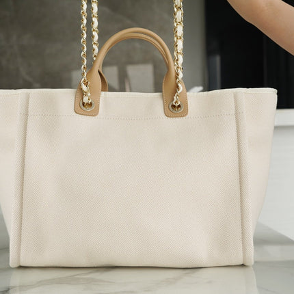 TOTE BAG 39 ATTACHED PEARL LOGO IN BEIGE CANVAS GOLD HARDWARE