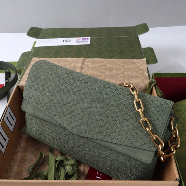 GUCCI 26S SHOULDER BAG 36 IN MOSS GREEN SUEDE