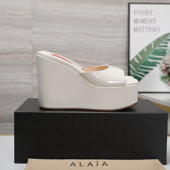 ALAIA PLATFORM WEDGE IN WHITE TAN LAMBSKIN WITH RED HEART