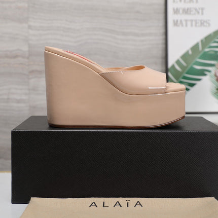 ALAIA PLATFORM WEDGE IN BEIGE TAN LAMBSKIN WITH RED HEART