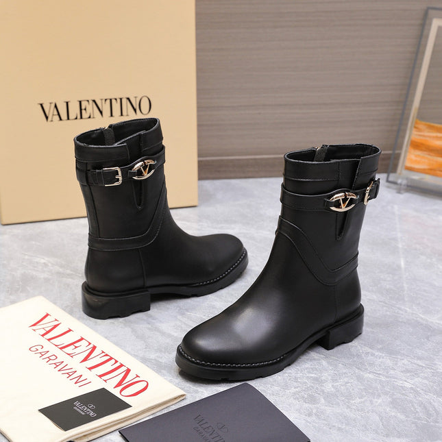 VALENTINO 25S FLAT ANKLE BOOTS IN BLACK CALFSKIN