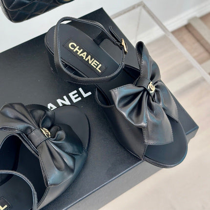 Double CC Big Bow High Sandal Sheepskin Black