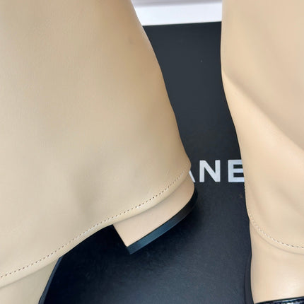 CHANEL 26S MID CALF BOOTS 50MM IN BEIGE SMOOTH CALFSKIN WITH BLACK PATENT CALFSKIN CAP TOE GOLD HARDWARE