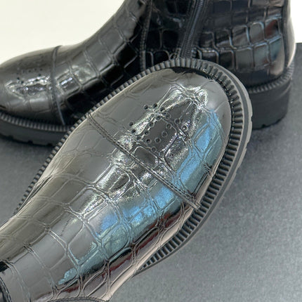 CHANEL 26S MID CALF BOOTS 45MM IN BLACK GLOSSY CROC EMBOSSED CALFSKIN WITH PERFORATED CC LOGO CAP TOE