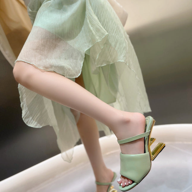 FENDI BAGUETTE HIGH-HEEL SANDALS 8 CM IN MINT GREEN CALFSKIN
