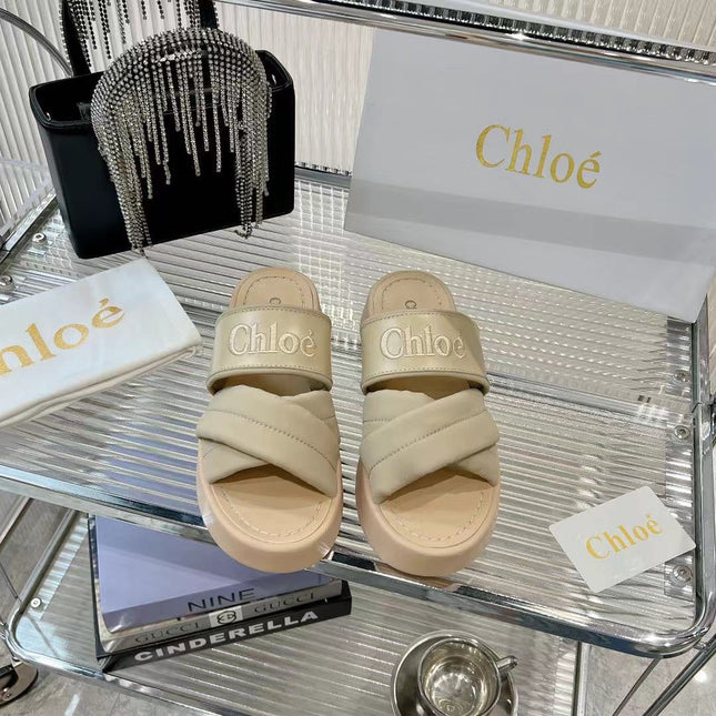 MILA FLAT SLIDES 5 CM IN BEIGE EICRU CALFSKIN AND RE-NYLON