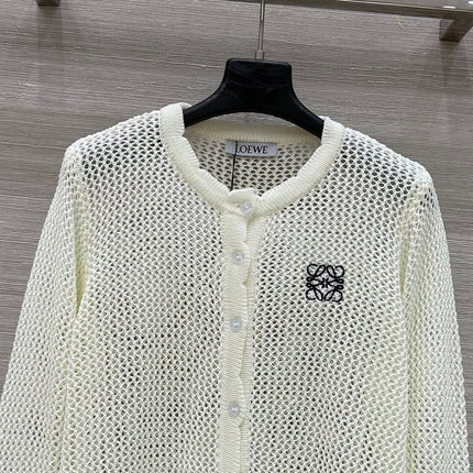 Loewe 25 Mesh Hollow Knitted Cardigan Ivory Wool