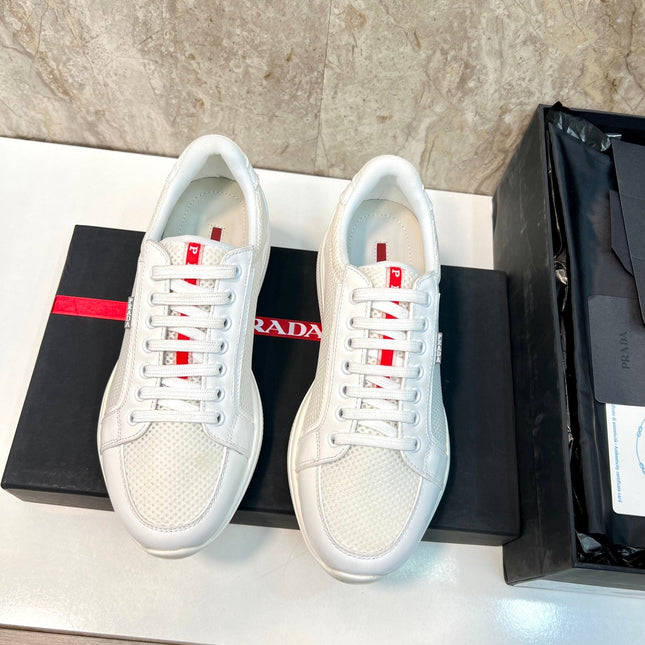 PRA SNEAKER WHITE CALFSKIN AND MESH FABRIC
