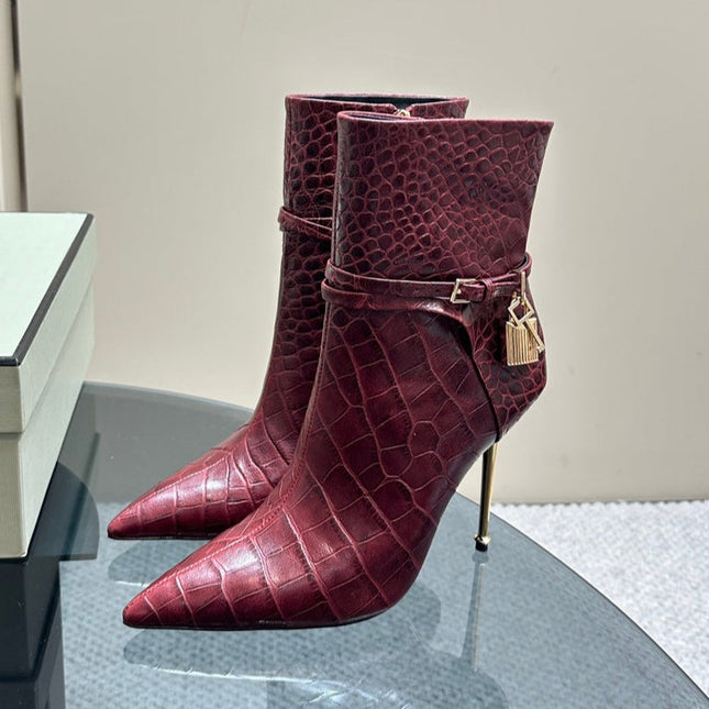 PADLOCK 10 CM ANKLE BOOTS IN BURGUNDY RED CROCODILE-EMBOSSED CALFSKIN