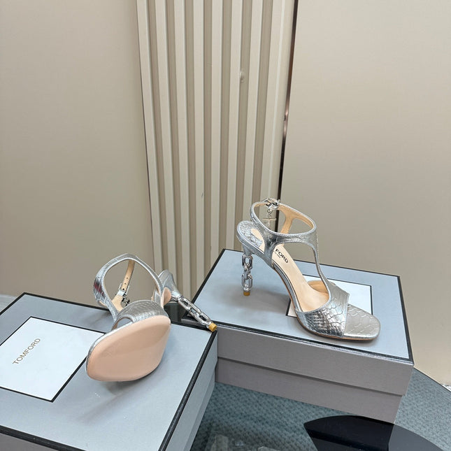 PADLOCK HIGH-HEELED SANDAL 10 CM IN SILVER SNAKESKIN