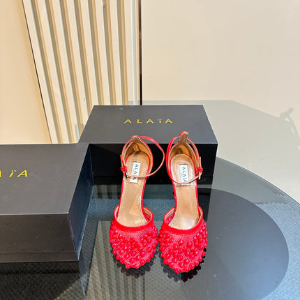 ALAIA HIGH FISHNET PUMPS WITH STUDS IN CHERRY RED LYCRA MESH AND LAMBSKIN