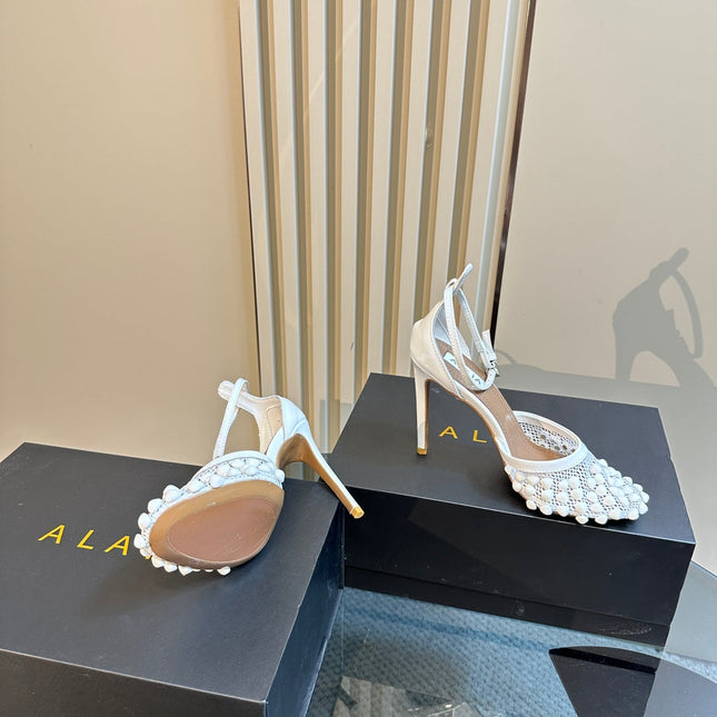 ALAIA HIGH FISHNET PUMPS WITH STUDS IN WHITE LYCRA MESH AND LAMBSKIN