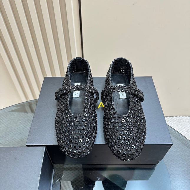 BALLET FLATS IN GLASS EYELET SUEDE GOATSKIN BLACK
