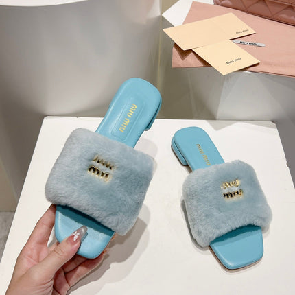 MIUMIU 26S SQUARE-TOE SANDALS IN SKY BLUE SHEARLING AND LEATHER