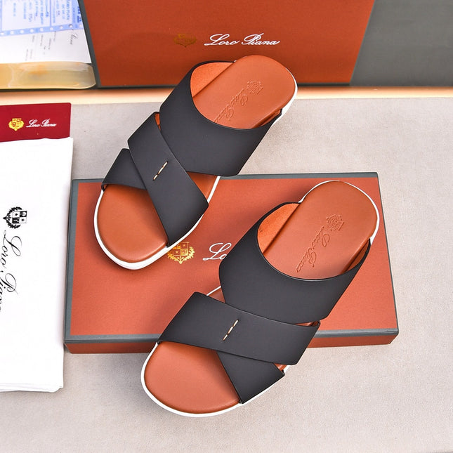 LP INTERWOVEN STRAPS SLIPPERS BLACK CALFSKIN
