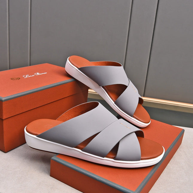 LP INTERWOVEN STRAPS SLIPPERS LIGHT GRAY CALFSKIN