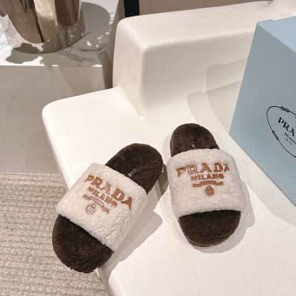 PRADA 25S FLAT MULES IN WHITE AND DARK BROWN RABBIT FUR
