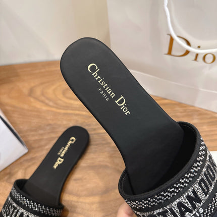 DIOR 26S FLAT SLIDE SANDALS IN BLACK CRYSTAL-EMBROIDERED CANVAS