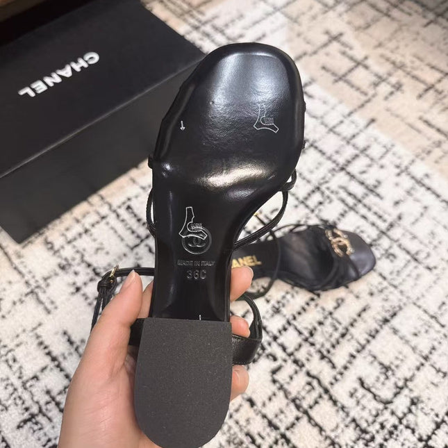 MID HEEL SANDALS IN BLACK LAMBSKIN