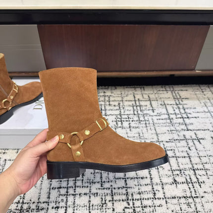 DIOR 26S MID CALF BIKER BOOTS IN CARAMEL BROWN SUEDE WITH BUCKLE GOLD HARDWARE