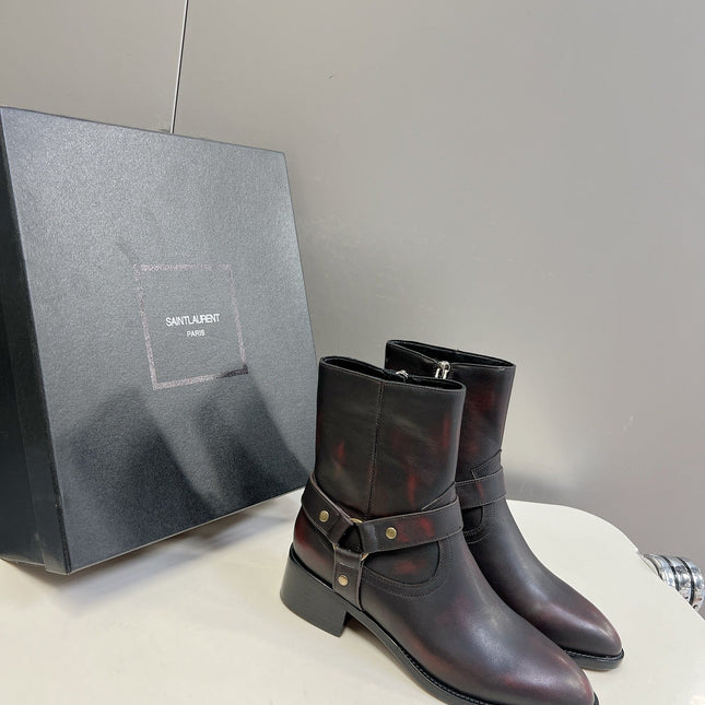 SL HARNESS BOOTS BLACK AND GARNET CALFSKIN