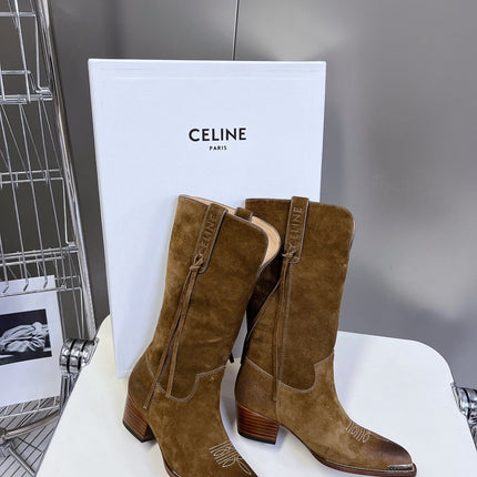 CELINE 25S HIGH CUT CHELSEA BOOTS 45MM IN BROWN SUEDE