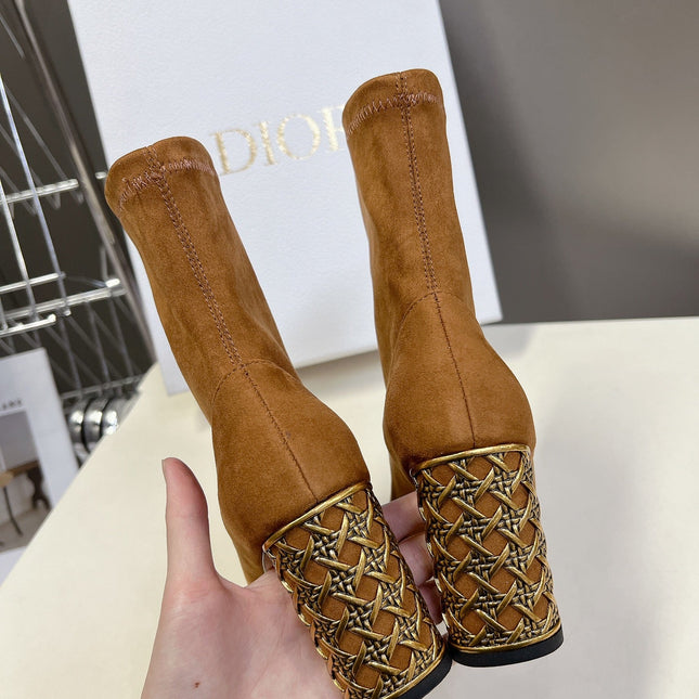 ICON HEELED ANKLE BOOT BRONZE BROWN SUEDE 8 CM WITH GOLD LOGO