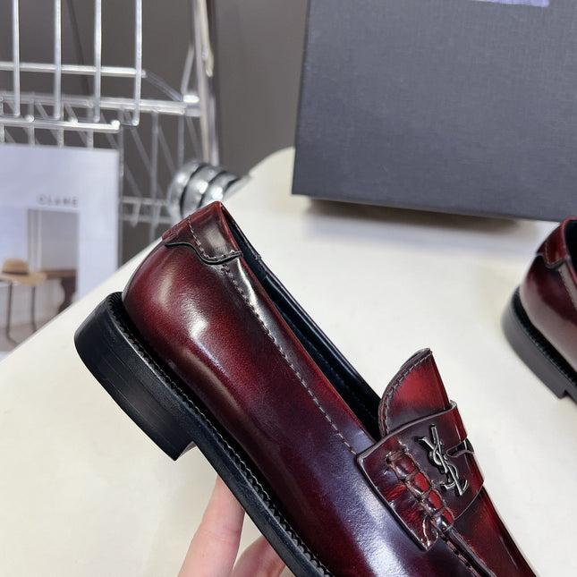YSL 25S SAINT LAURENT LOAFERS IN TORTOISESHELL CRIMSON GLOSSY CALFSKIN