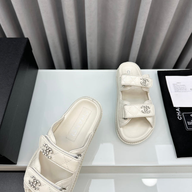 dad sandals white lambskin interwoven leather cc