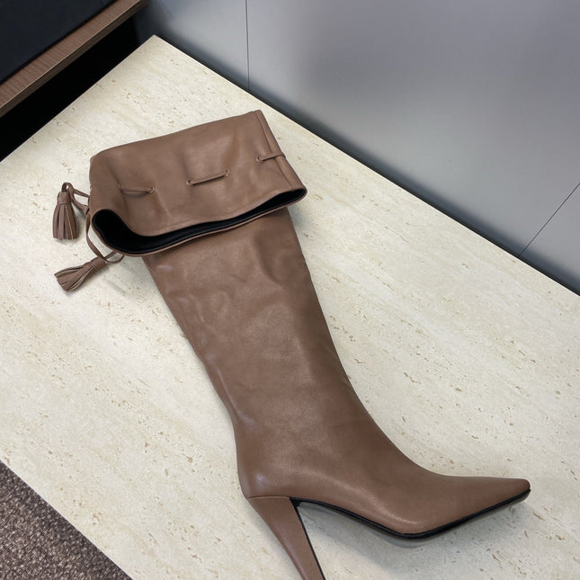 YSL 25S HIGH‑HEEL FRINGED MARTIN BOOTS 90 MM IN CHESTNUT BROWN LAMBSKIN