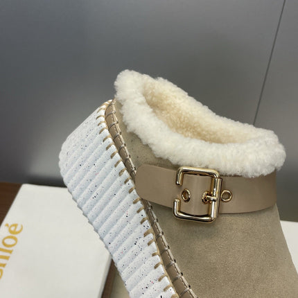 CHLOÉ 26S FUR-LINED WEDGE MULES IN DARK BEIGE SUEDE