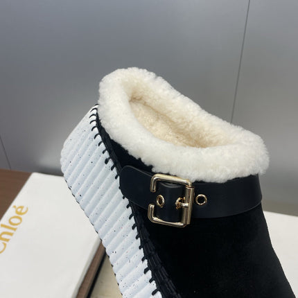 CHLOÉ 26S FUR-LINED WEDGE MULES IN BLACK SUEDE
