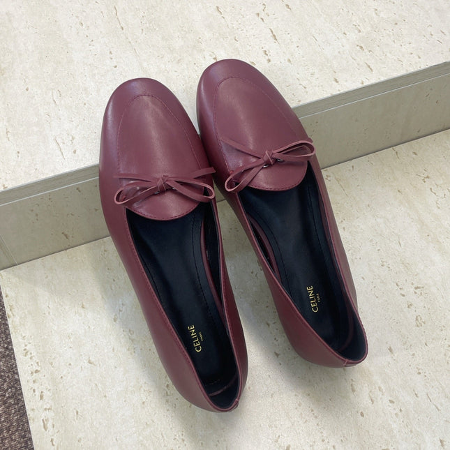 CELINE 26S BALLET FLATS IN DARK RED LAMBSKIN WITH BOW
