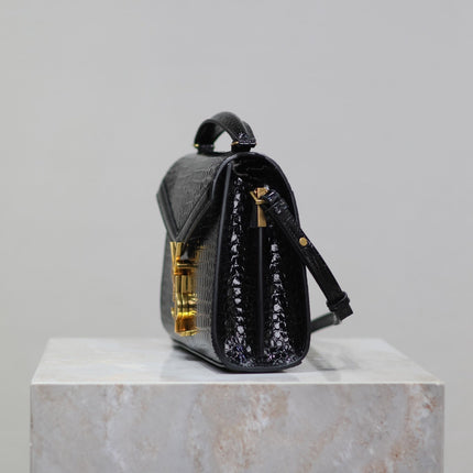 CASSANDRA MINI TOP HANDLE BAG 20 IN BLACK CROCODILE-EMBOSSED GLOSSY CALFSKIN